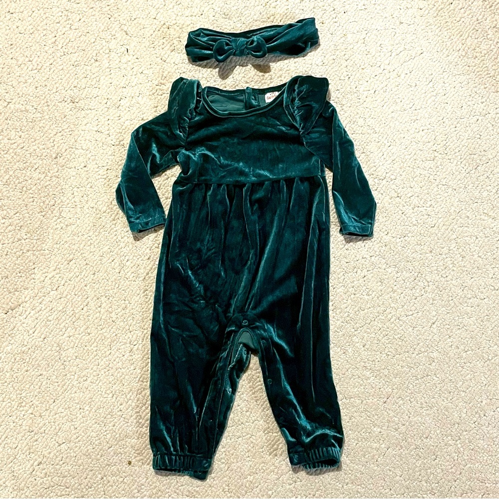 Cat & Jack green velvet romper jumpsuit ruffle sleeve headband 12 months 12m